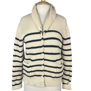 Gap Striped Cardigan Sweater Womens Medium Ivory Navy Shawl Collar Nautical Prep
